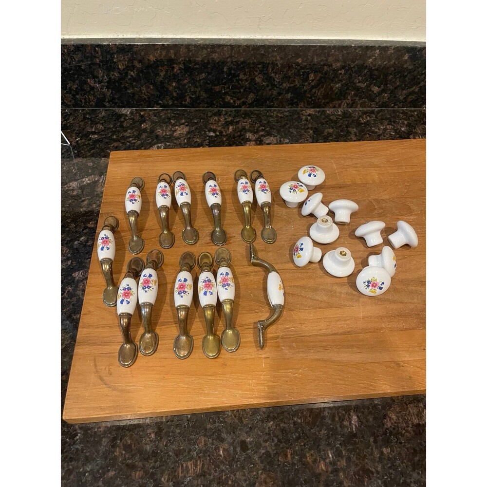 Vintage Brass & Ceramic Floral Hardware Set 24 Pieces (12 Handles + 12 Knobs)